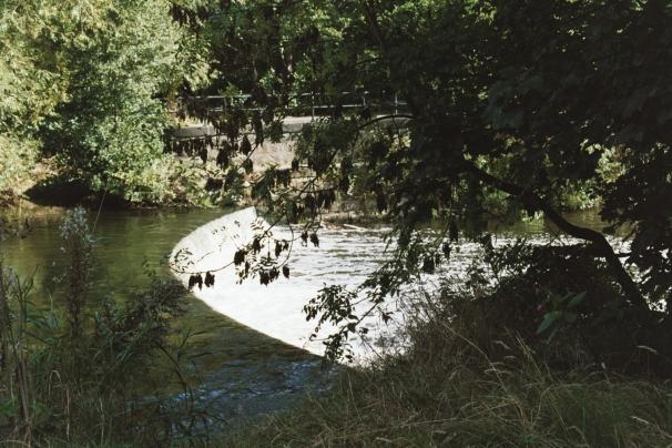 Photograph of Burley Mills weir, taken from the Nature Reserve island
